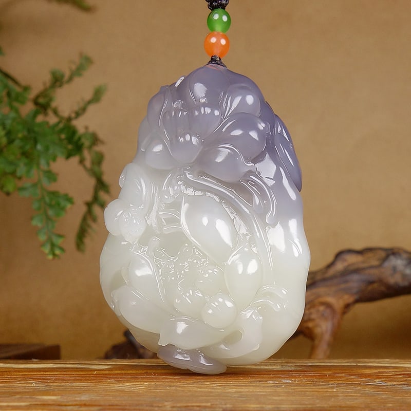 Hetian Jade Hand-carved Lotus,Bat Pendant w Certificate - 4