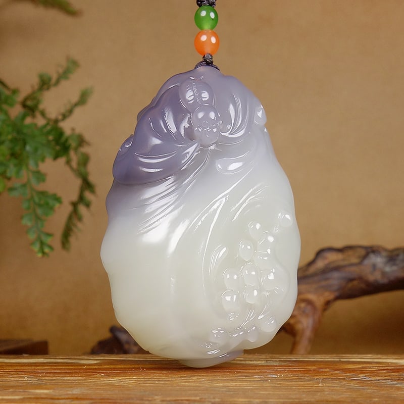Hetian Jade Hand-carved Lotus,Bat Pendant w Certificate - 5