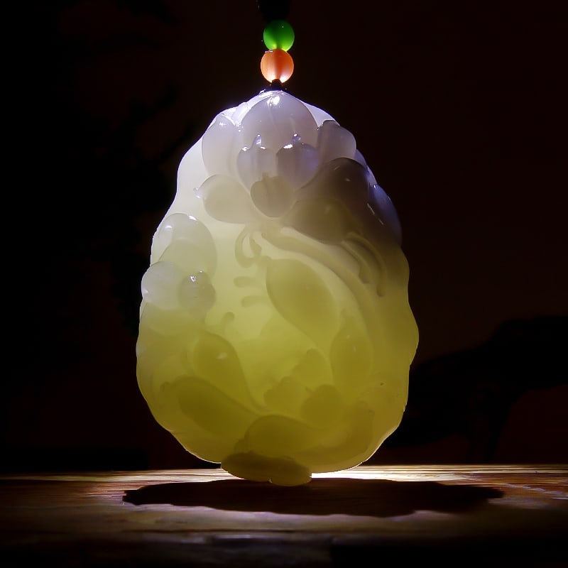 Hetian Jade Hand-carved Lotus,Bat Pendant w Certificate - 6