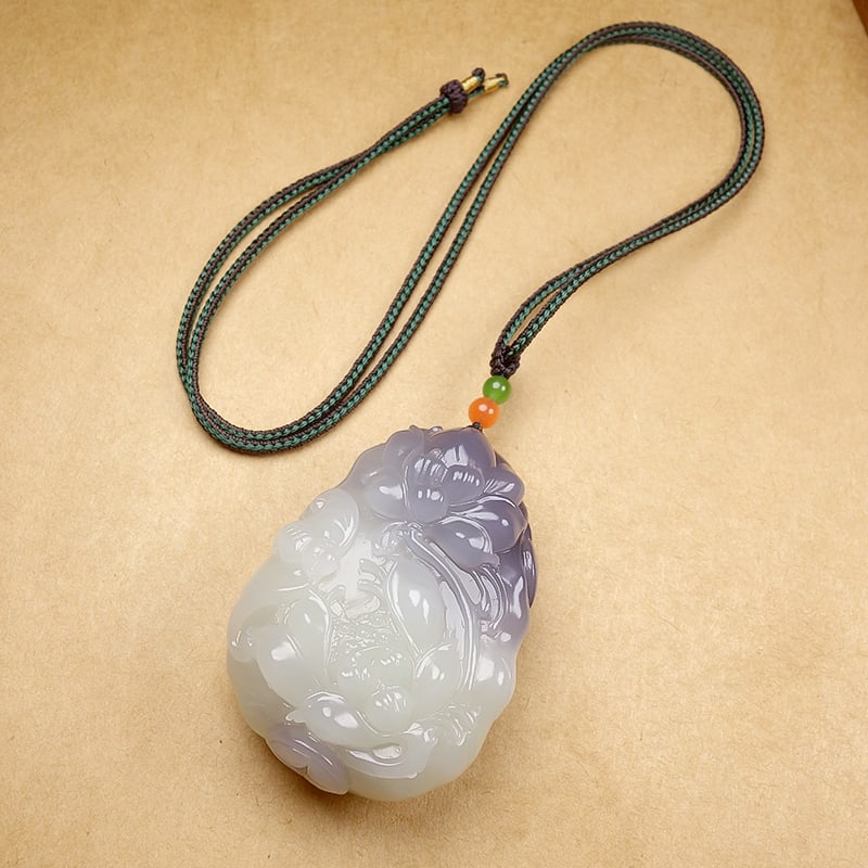 Hetian Jade Hand-carved Lotus,Bat Pendant w Certificate - 7