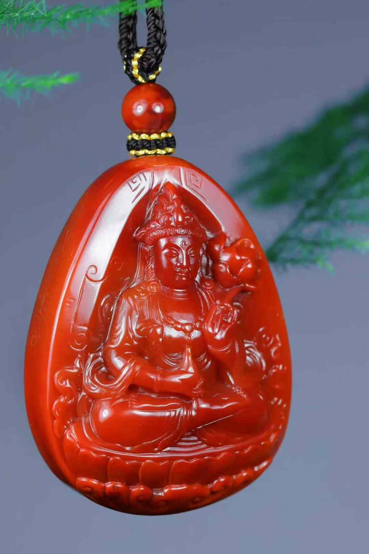 Natural Nanhong Agate Hand-carved Kwan-yin Pendant w Certificate - 2