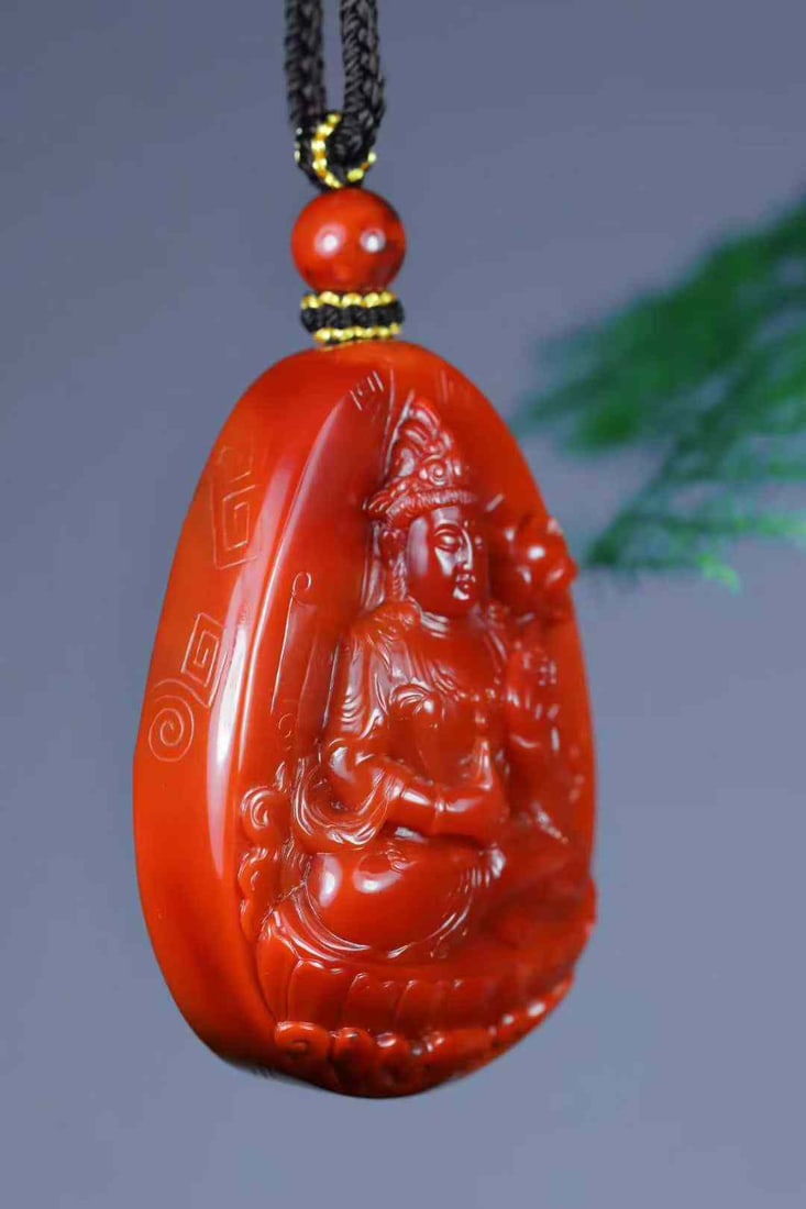 Natural Nanhong Agate Hand-carved Kwan-yin Pendant w Certificate - 3