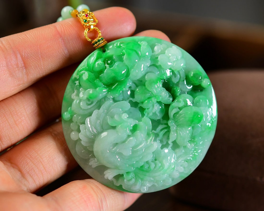 Green Jadeite Pendant - Phoenix,Peony,Fortune Bat,Certificate - 2