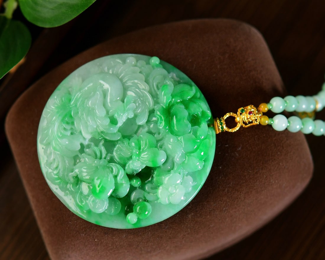 Green Jadeite Pendant - Phoenix,Peony,Fortune Bat,Certificate - 3