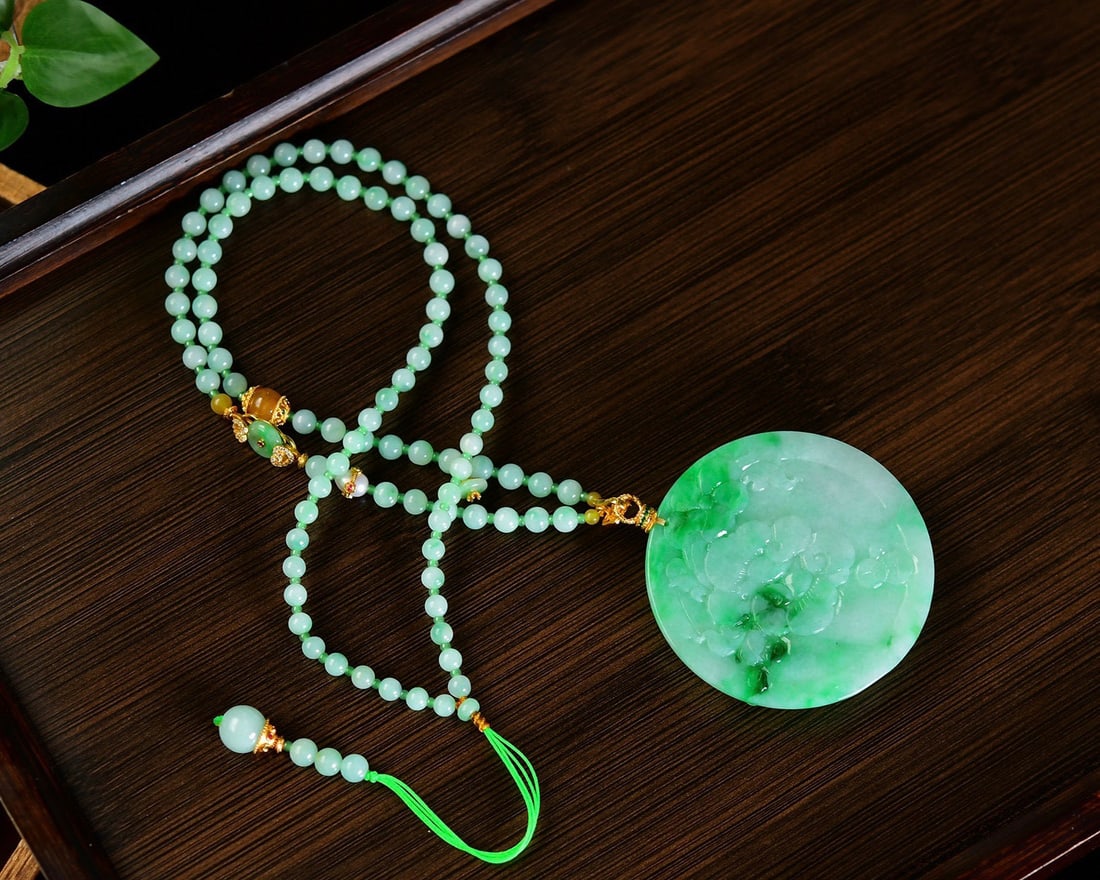 Green Jadeite Pendant - Phoenix,Peony,Fortune Bat,Certificate - 5