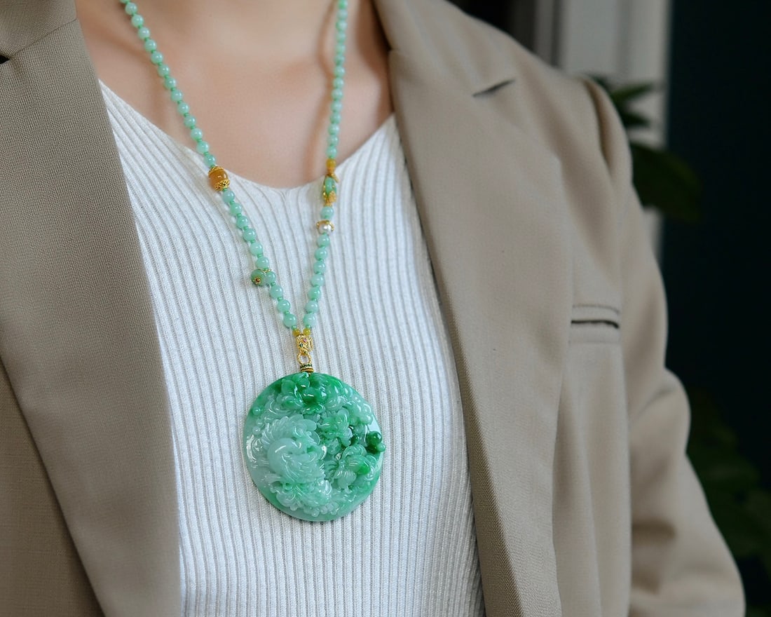 Green Jadeite Pendant - Phoenix,Peony,Fortune Bat,Certificate - 6