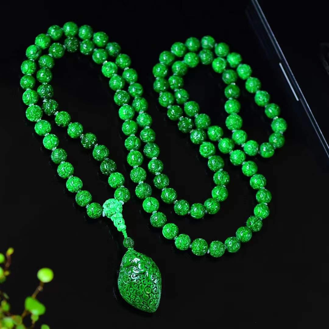 108 Beads Natural Green Jadeite Necklace & Pendant w Certificate - 2