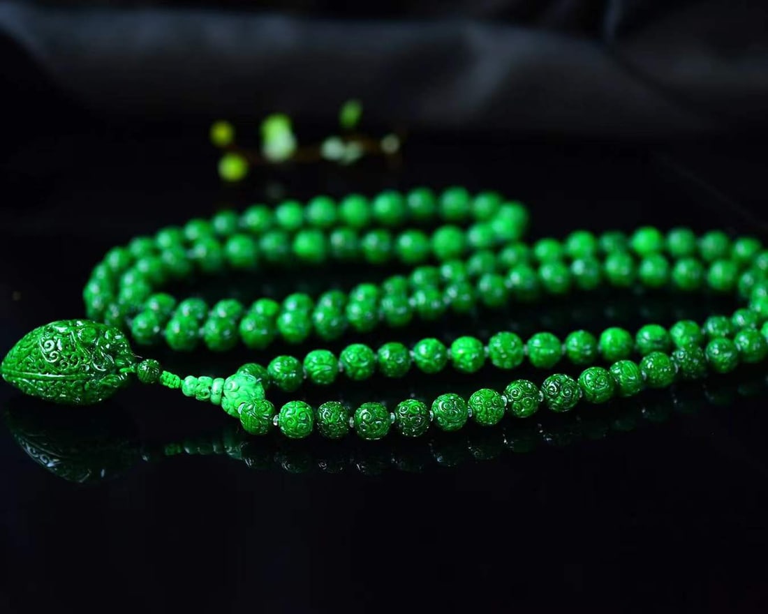 108 Beads Natural Green Jadeite Necklace & Pendant w Certificate - 4