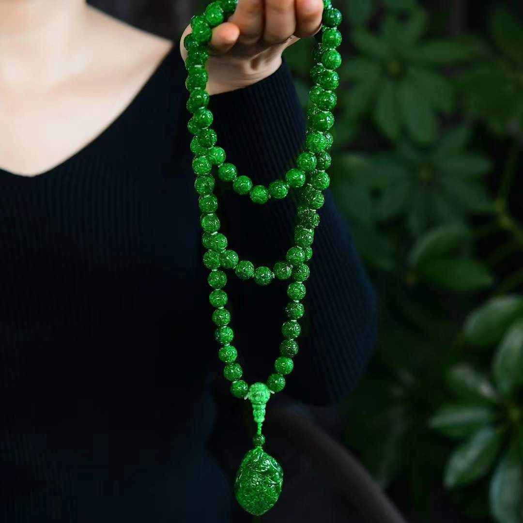 108 Beads Natural Green Jadeite Necklace & Pendant w Certificate - 6