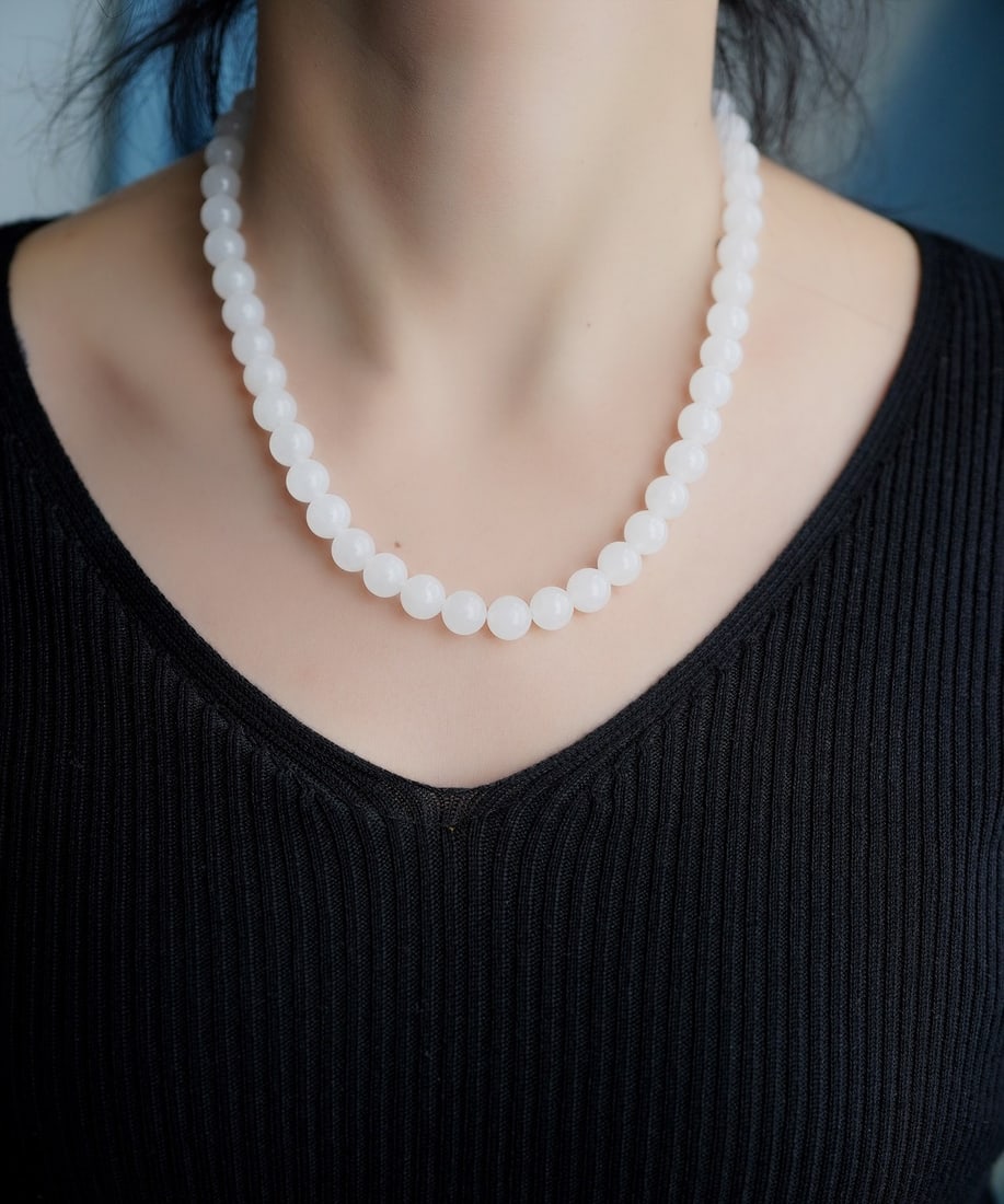 10mm Hetian Jade Beads Necklace w Certificate - 6