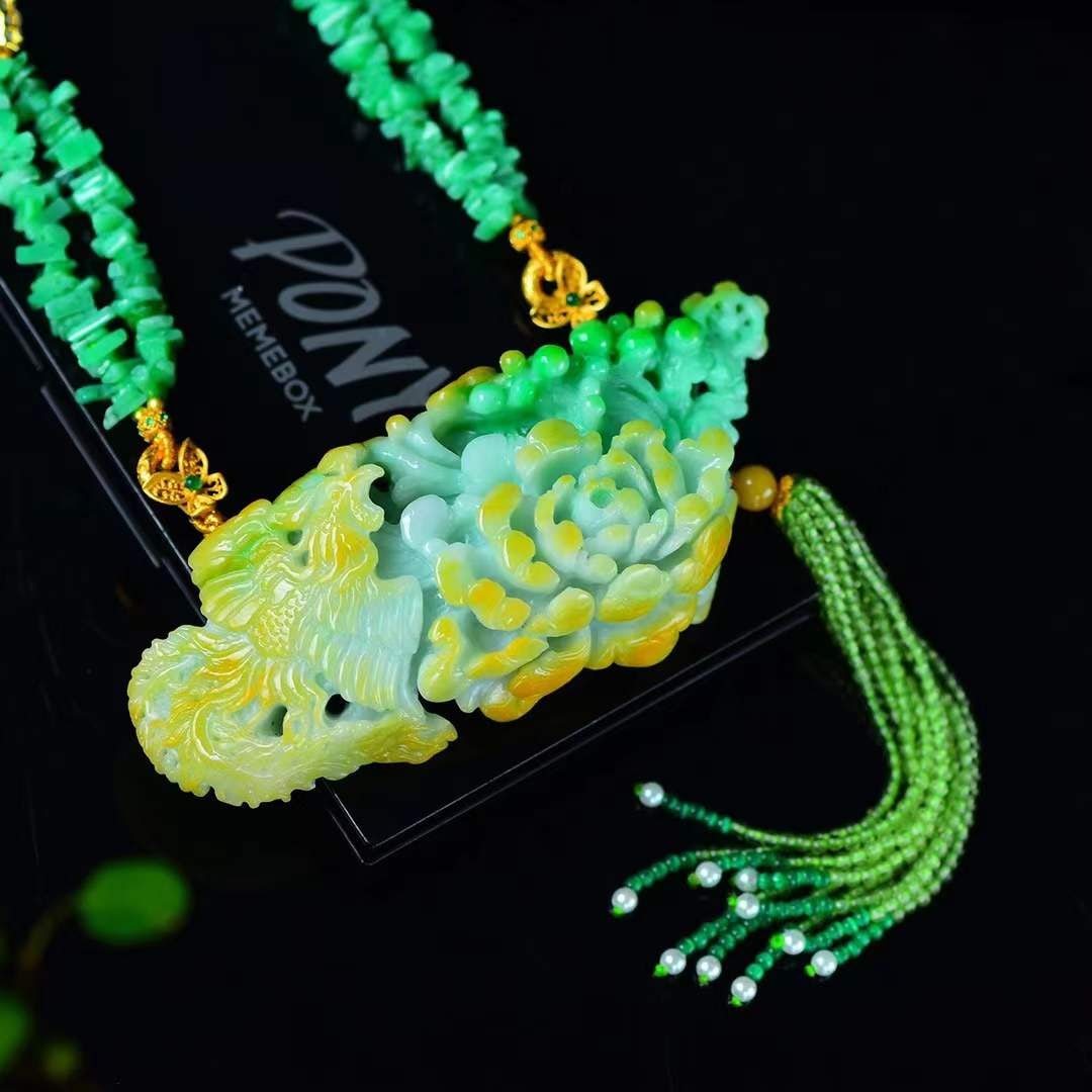 Natural Yellow Green Jadeite Hand-carved Phoenix & Peony Pendant w Certificate - 2