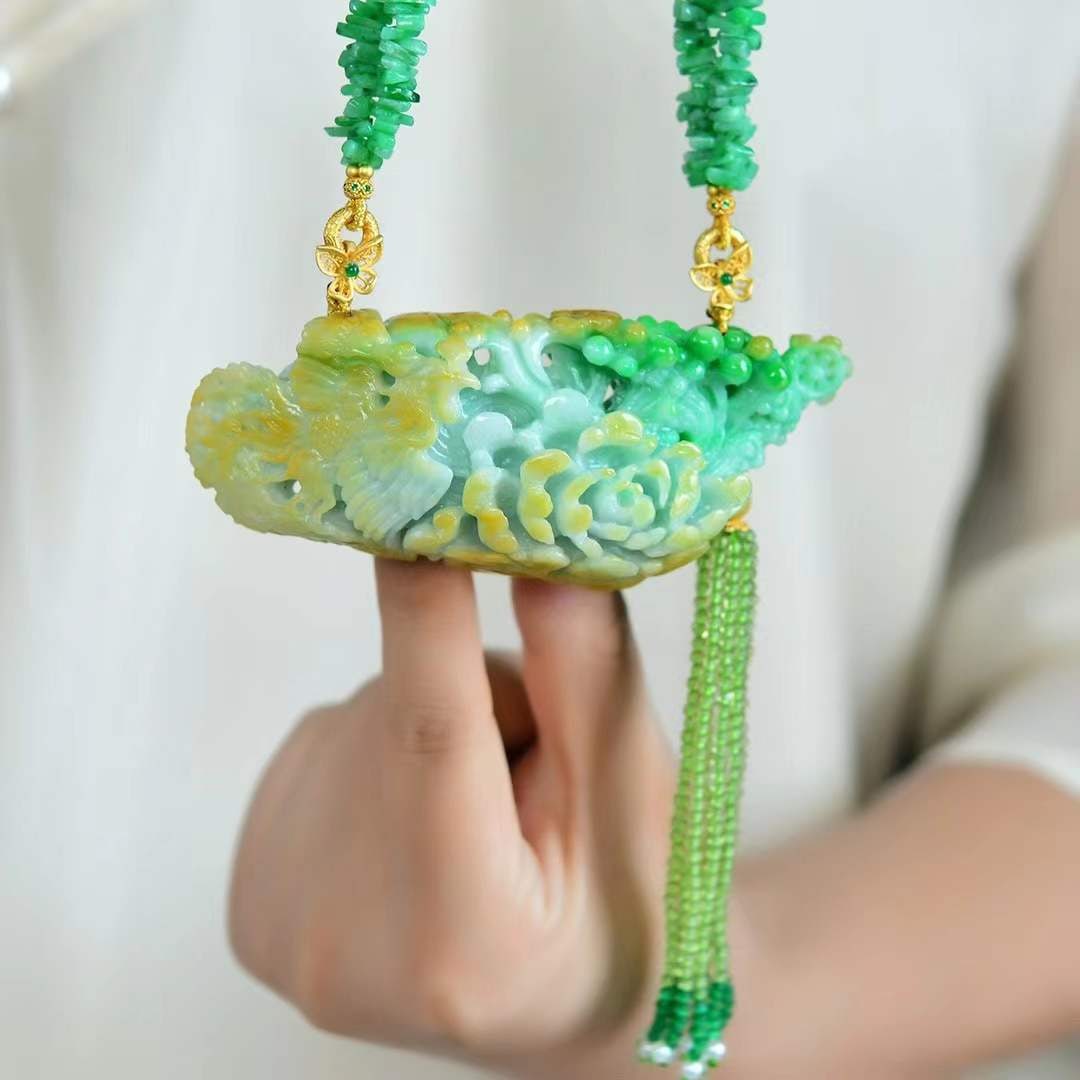 Natural Yellow Green Jadeite Hand-carved Phoenix & Peony Pendant w Certificate - 3