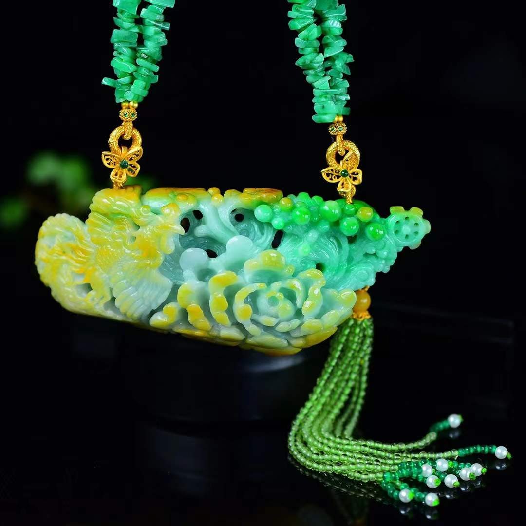 Natural Yellow Green Jadeite Hand-carved Phoenix & Peony Pendant w Certificate - 4