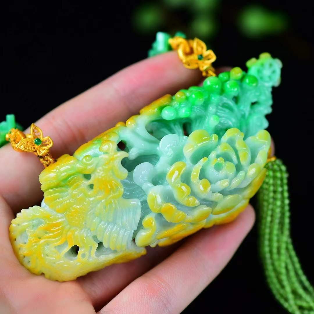 Natural Yellow Green Jadeite Hand-carved Phoenix & Peony Pendant w Certificate - 5