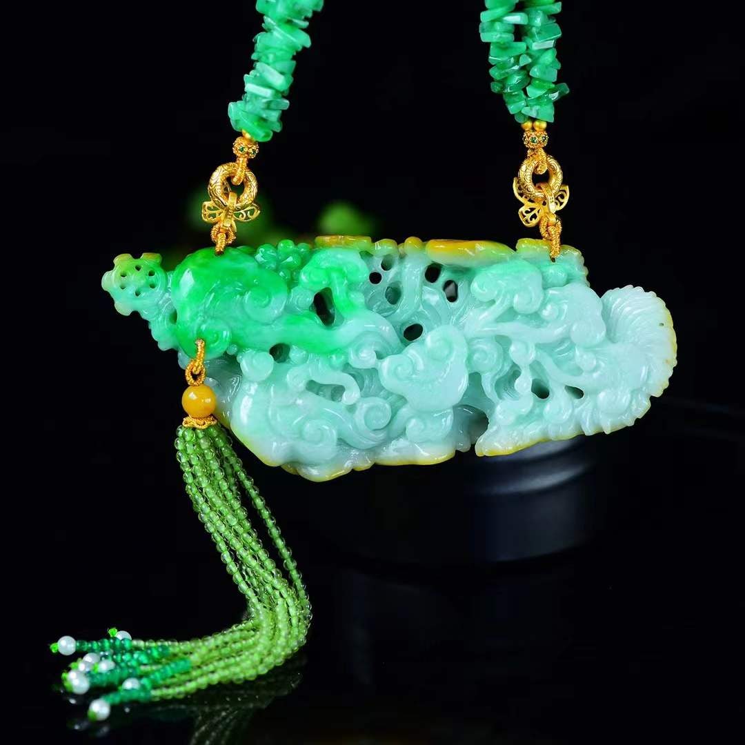 Natural Yellow Green Jadeite Hand-carved Phoenix & Peony Pendant w Certificate - 7