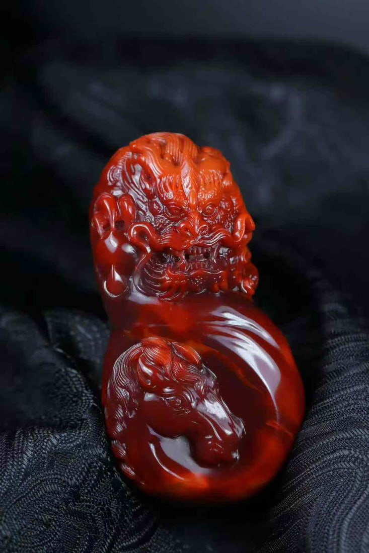 Natural Nanhong Agate Hand-carved Dragon Horse Pendant w Certificate - 2