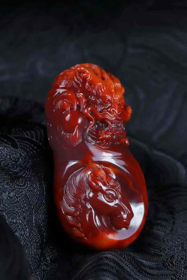 Natural Nanhong Agate Hand-carved Dragon Horse Pendant w Certificate - 4