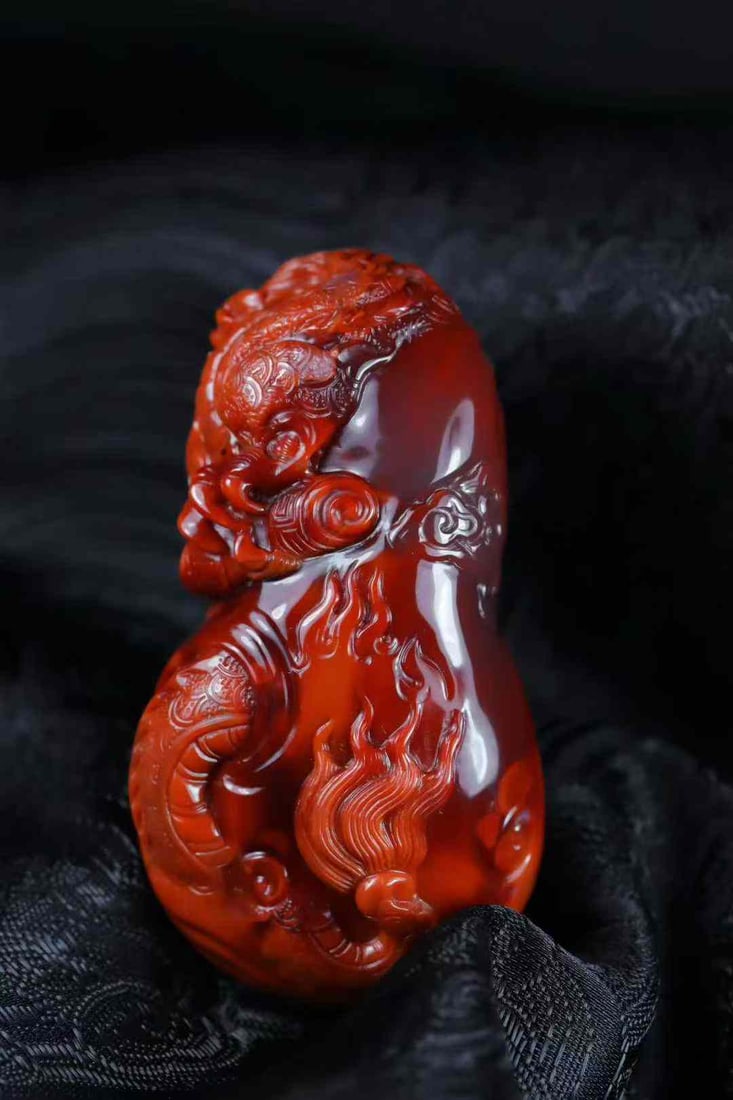 Natural Nanhong Agate Hand-carved Dragon Horse Pendant w Certificate - 5