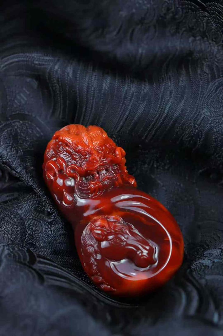 Natural Nanhong Agate Hand-carved Dragon Horse Pendant w Certificate - 6