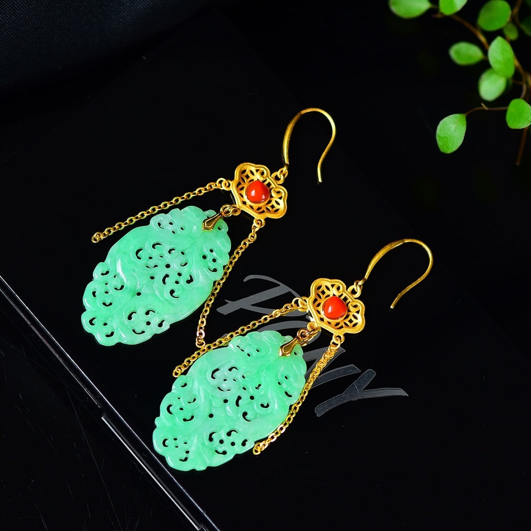 S925 Silver Inlay Green Jadeite Earrings - 2
