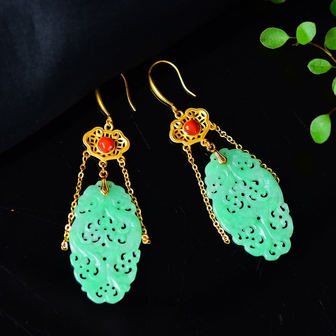 S925 Silver Inlay Green Jadeite Earrings - 3