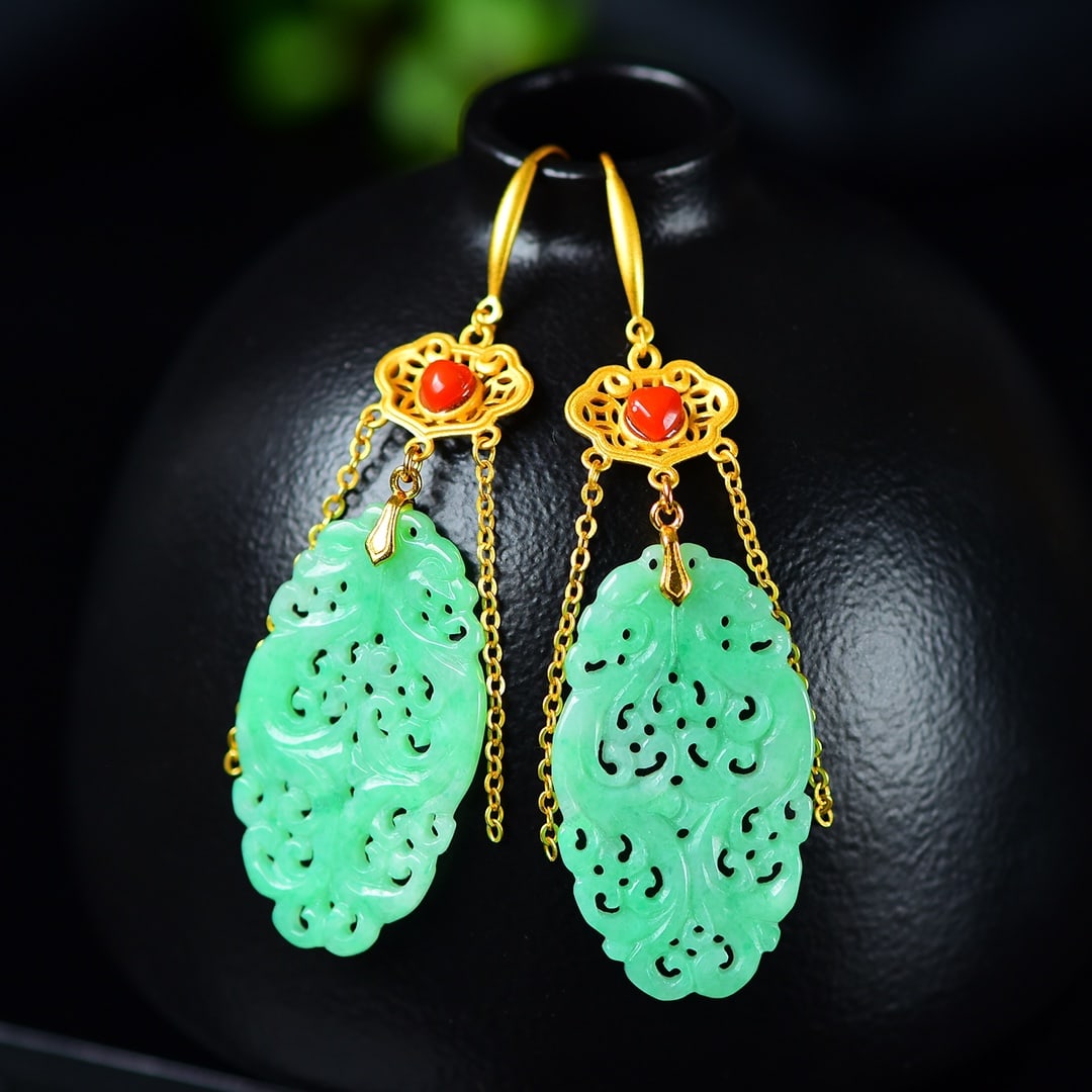 S925 Silver Inlay Green Jadeite Earrings - 4