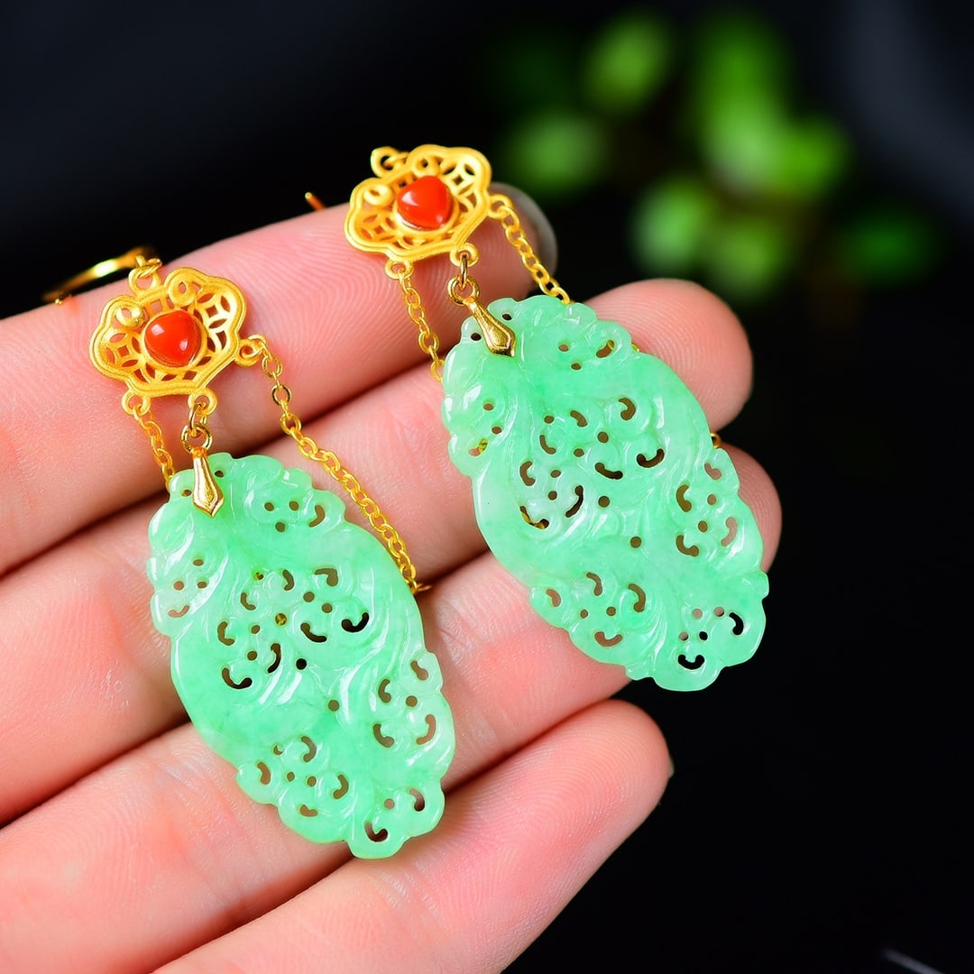 S925 Silver Inlay Green Jadeite Earrings - 6