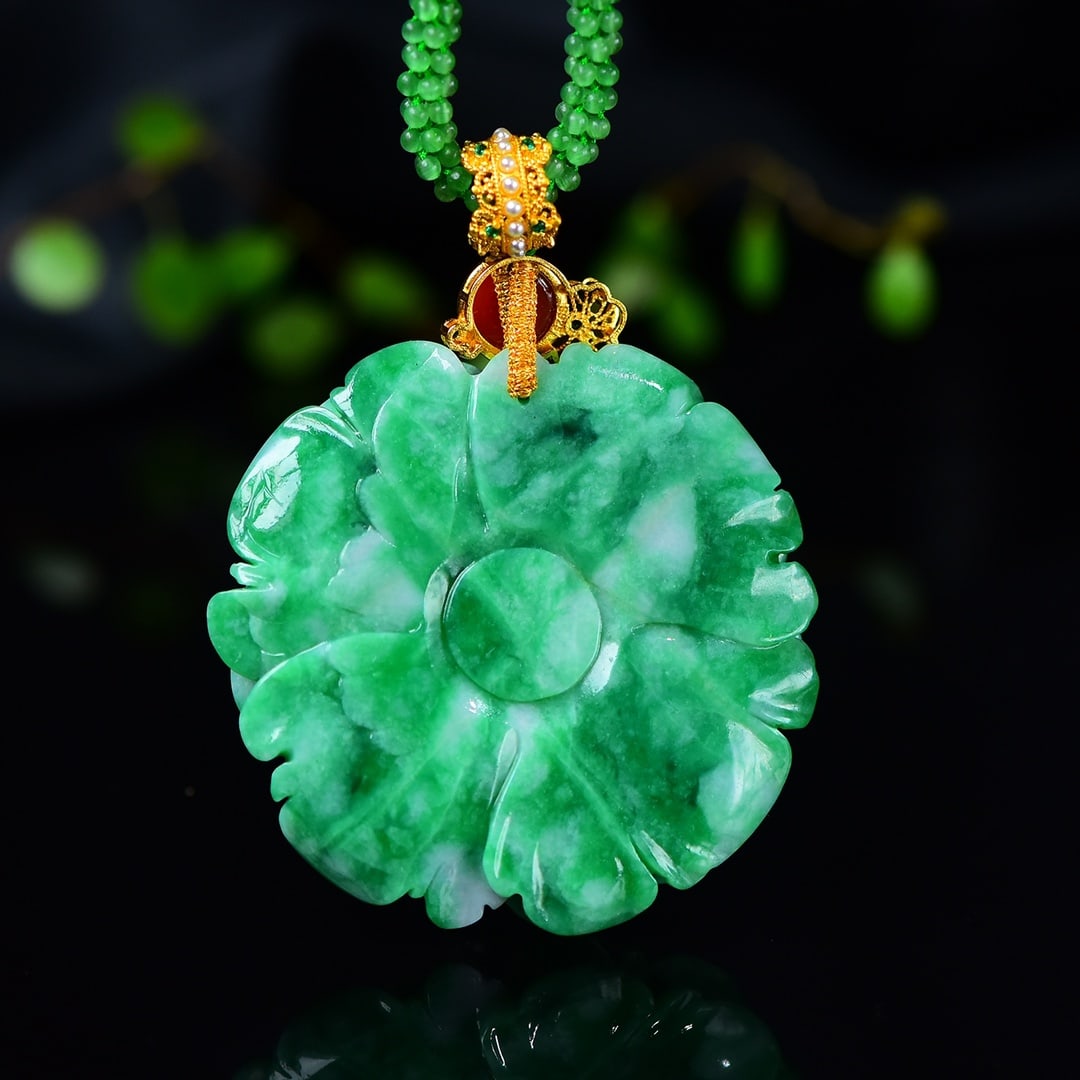 Green Jadeite Hand-carved Flower Pendant w Certificate - 2