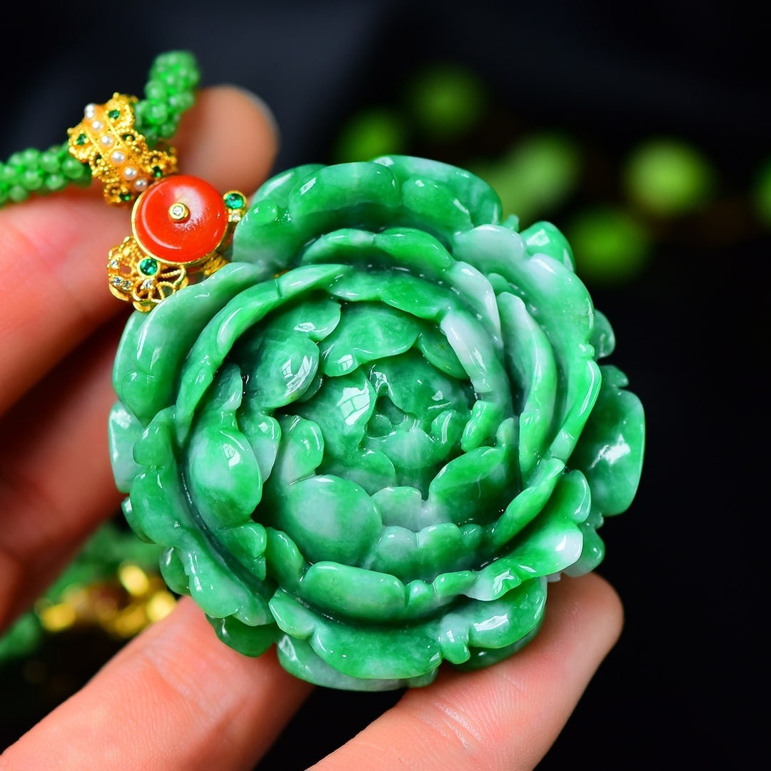 Green Jadeite Hand-carved Flower Pendant w Certificate - 3