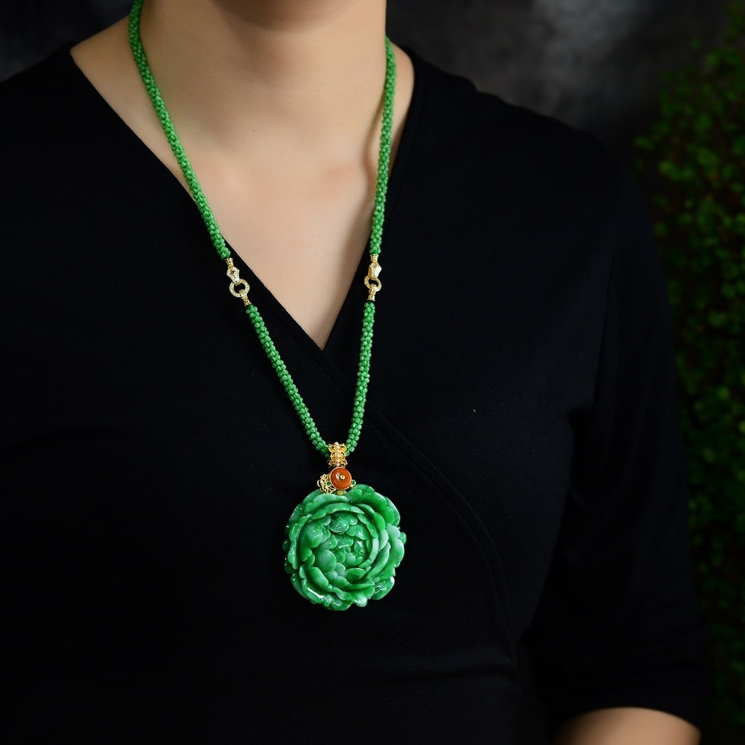 Green Jadeite Hand-carved Flower Pendant w Certificate - 4