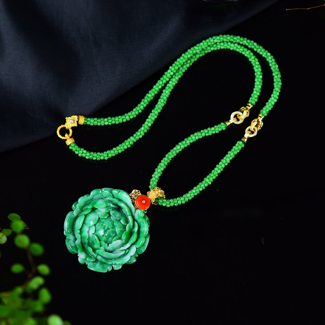 Green Jadeite Hand-carved Flower Pendant w Certificate - 5