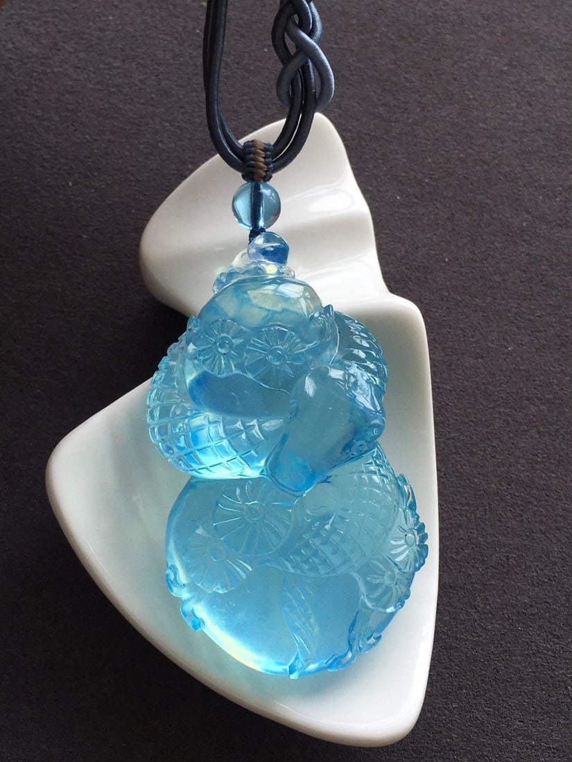 Natural Aquamarine Hand-carved Snake & Gourd Pendant w Certificate - 2