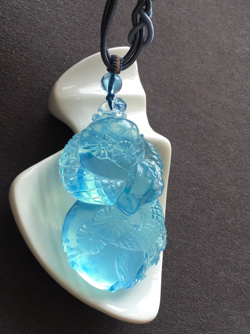Natural Aquamarine Hand-carved Snake & Gourd Pendant w Certificate - 3