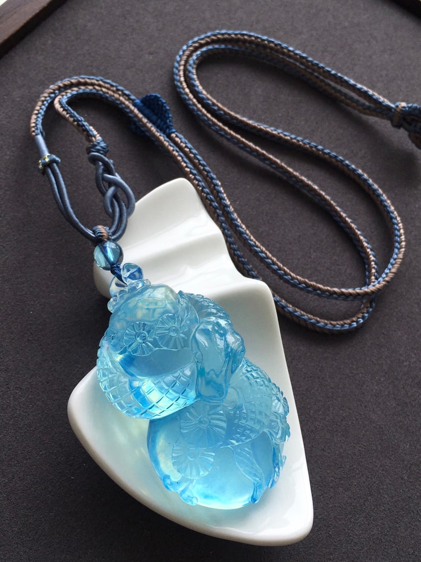 Natural Aquamarine Hand-carved Snake & Gourd Pendant w Certificate - 4