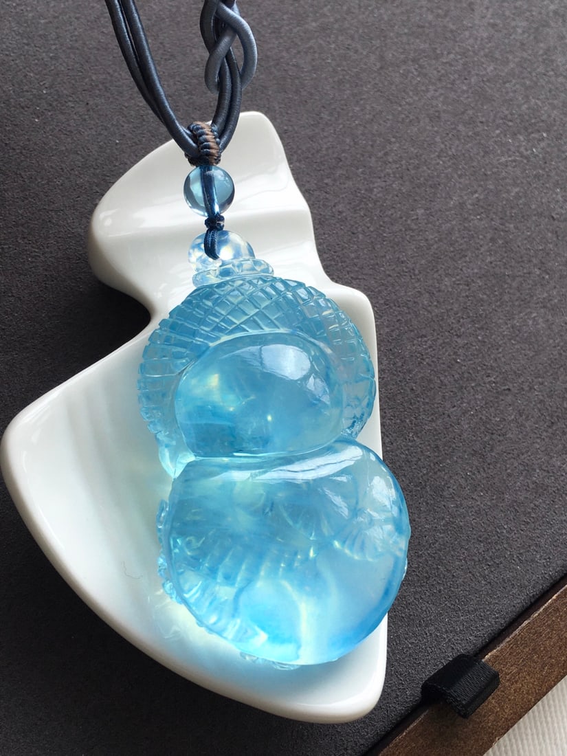 Natural Aquamarine Hand-carved Snake & Gourd Pendant w Certificate - 6