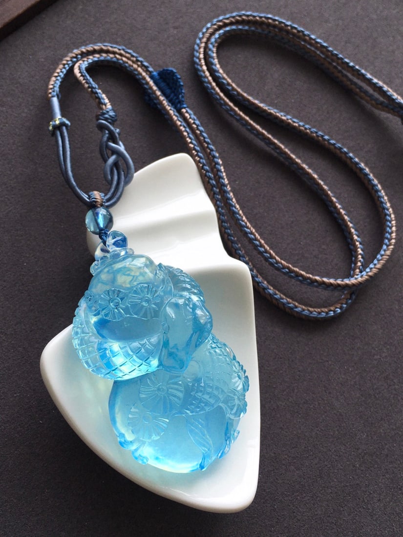 Natural Aquamarine Hand-carved Snake & Gourd Pendant w Certificate - 7