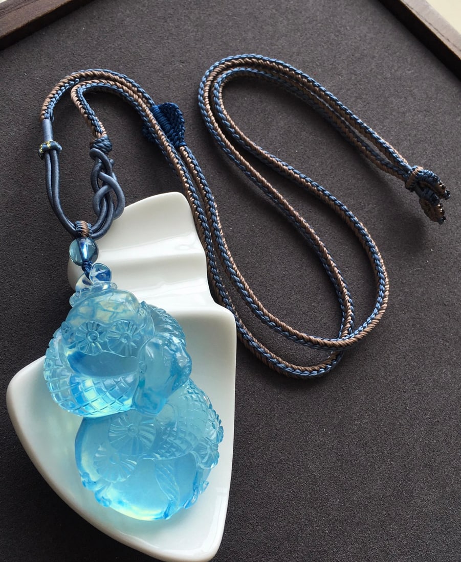 Natural Aquamarine Hand-carved Snake & Gourd Pendant w Certificate - 8