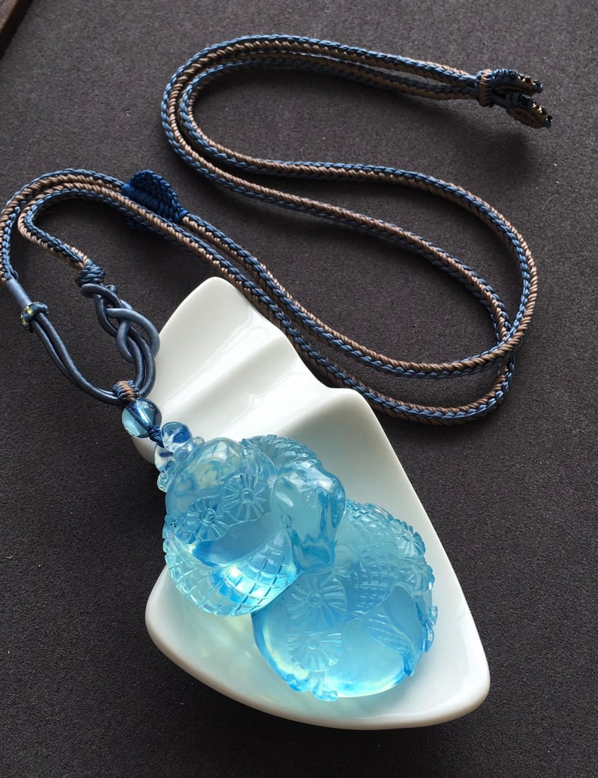 Natural Aquamarine Hand-carved Snake & Gourd Pendant w Certificate - 9