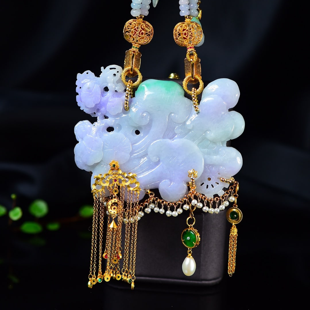 Purple Green Jadeite Hand-carved Fox Pendant w Certificate - 2