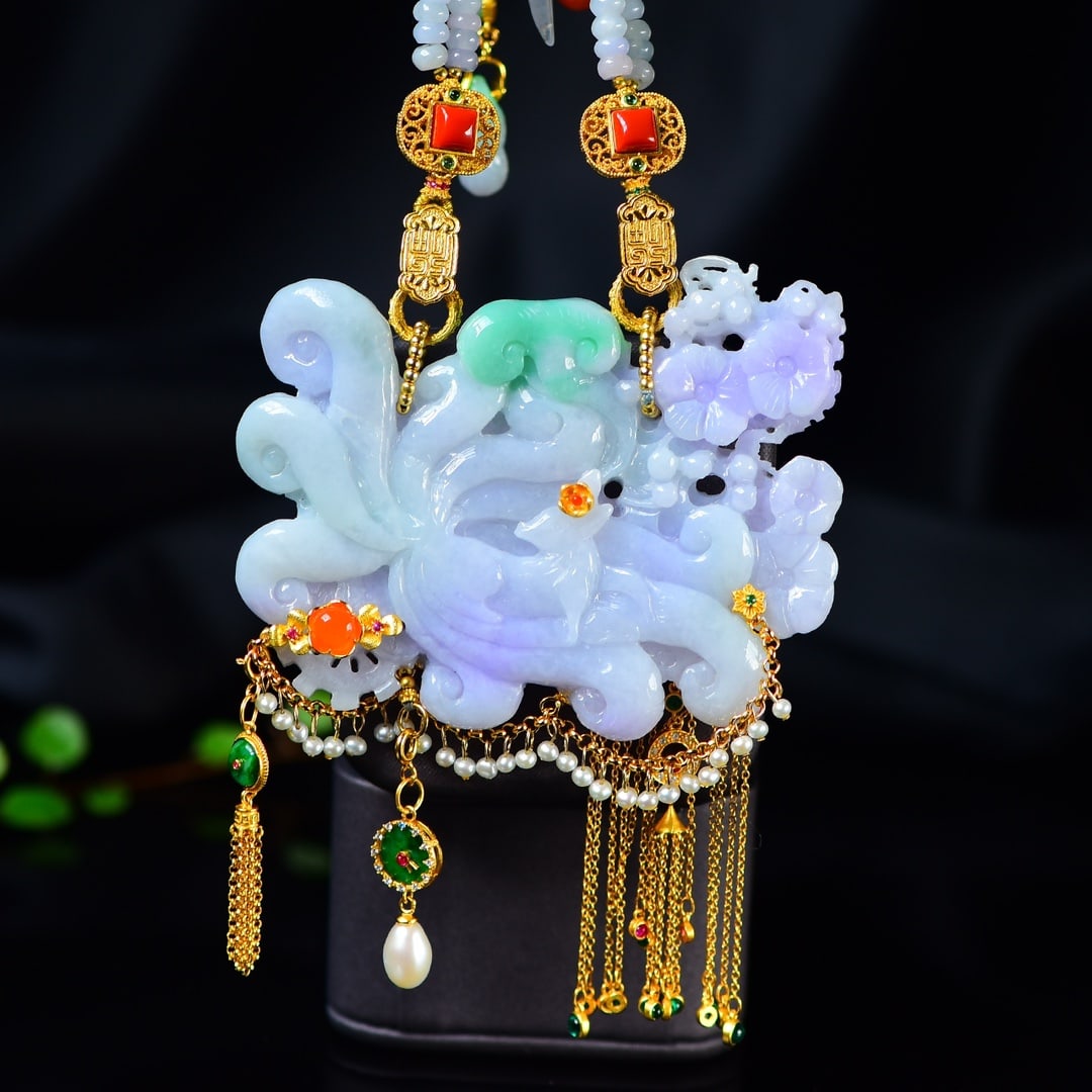 Purple Green Jadeite Hand-carved Fox Pendant w Certificate - 3