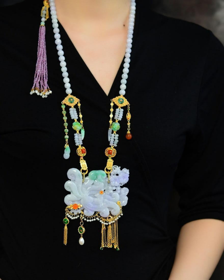 Purple Green Jadeite Hand-carved Fox Pendant w Certificate - 5