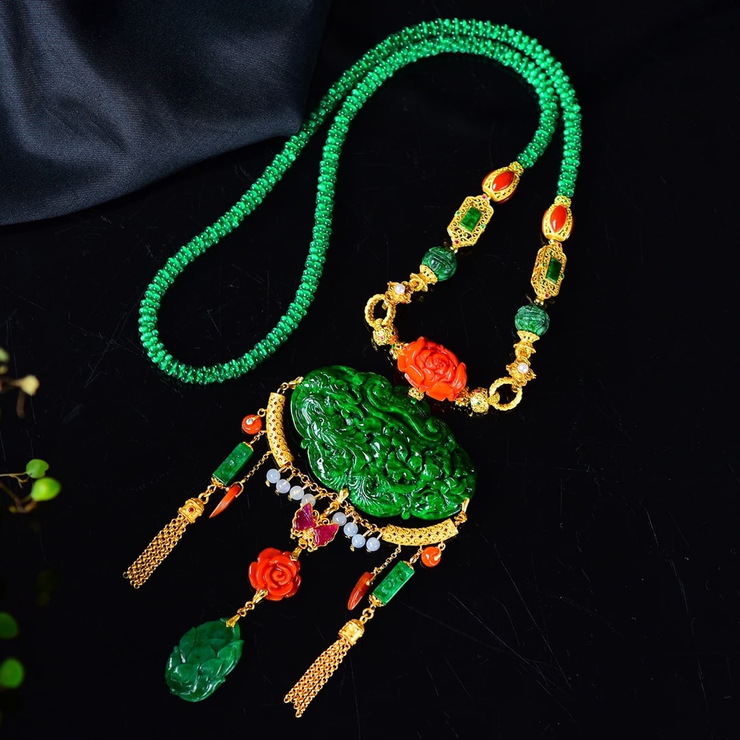 Green Jadeite Phoenix & Peony,Red Jadeite Flower,Silver,Tourmaline Pendant with Necklace - 4