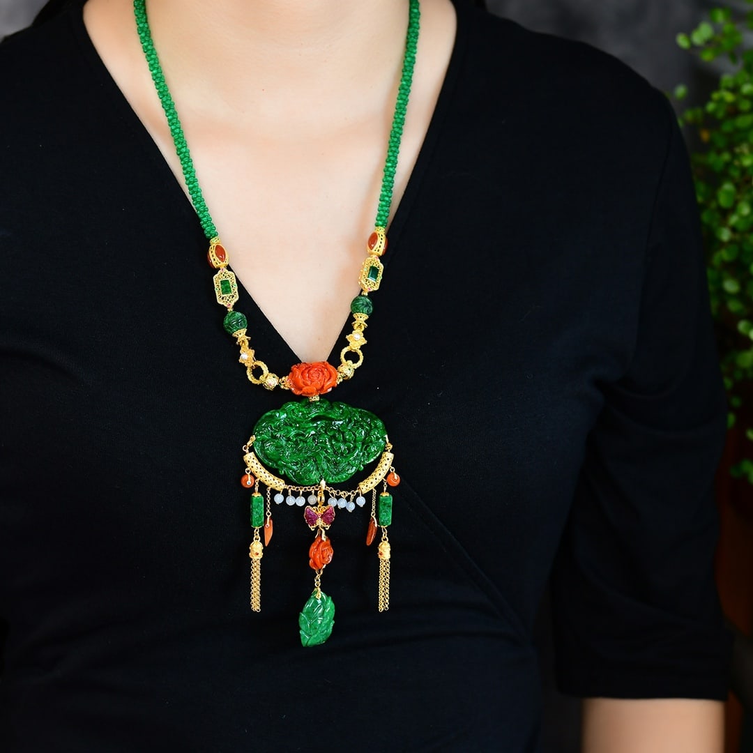 Green Jadeite Phoenix & Peony,Red Jadeite Flower,Silver,Tourmaline Pendant with Necklace - 6