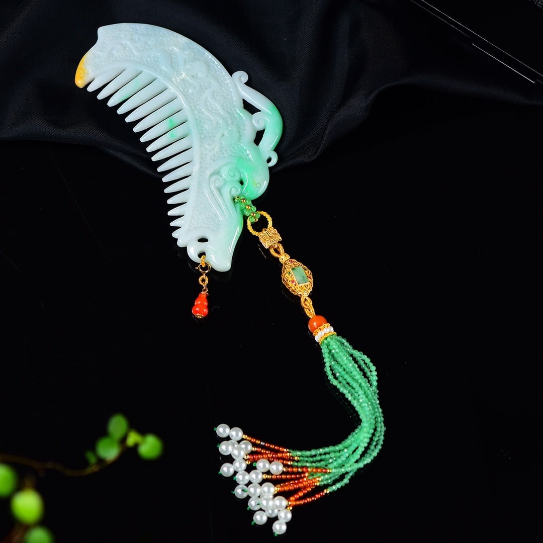 Yellow Green Jadeite Comb w Certificate - 3