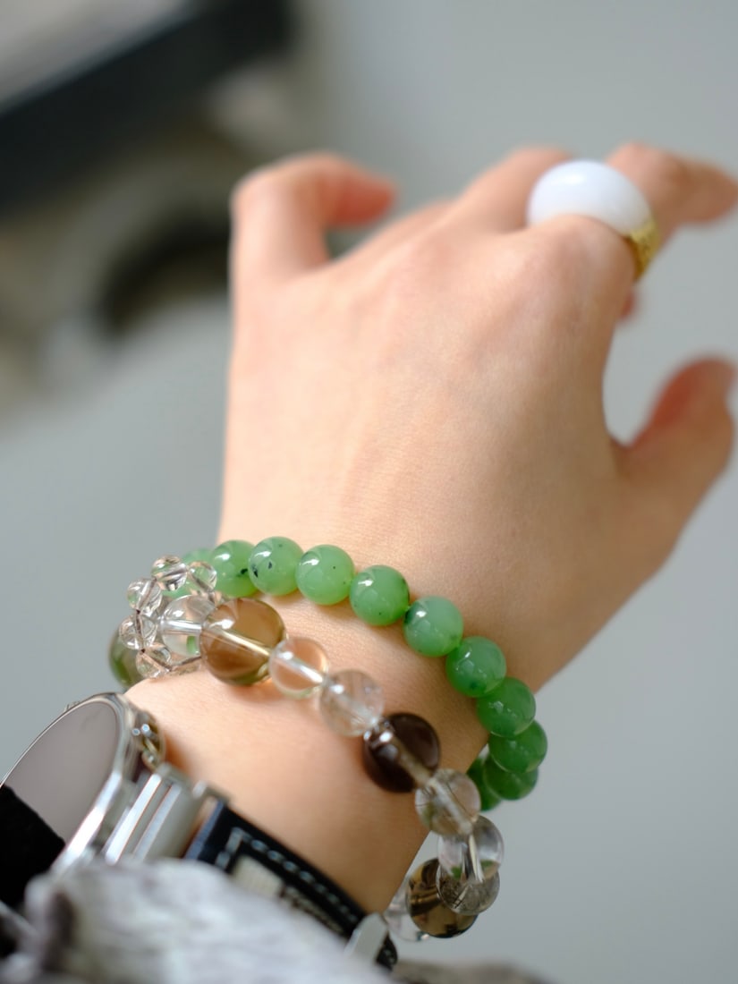 10mm Green Hetian Jade Beads Bracelet Bangle w Certificate - 3