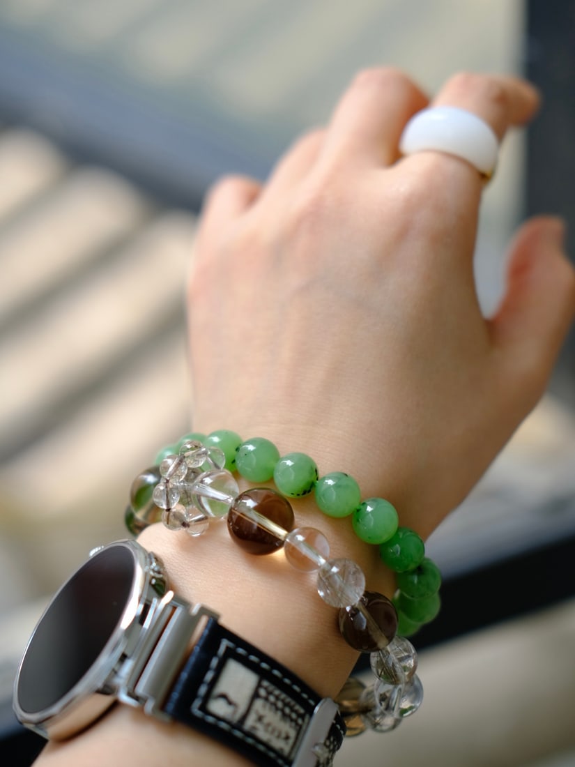 10mm Green Hetian Jade Beads Bracelet Bangle w Certificate - 6