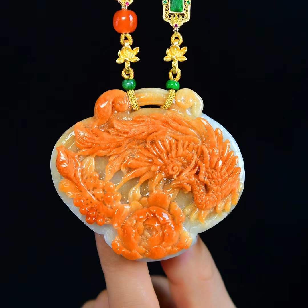 Yellow Jadeite Hand-carved Phoenix Flower Pendant w Certificate - 2
