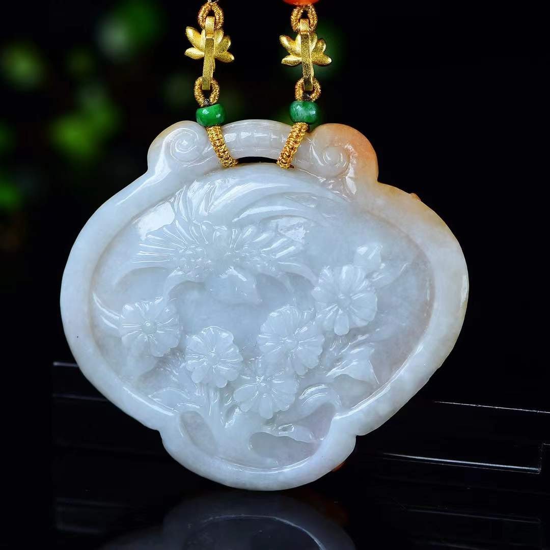 Yellow Jadeite Hand-carved Phoenix Flower Pendant w Certificate - 7