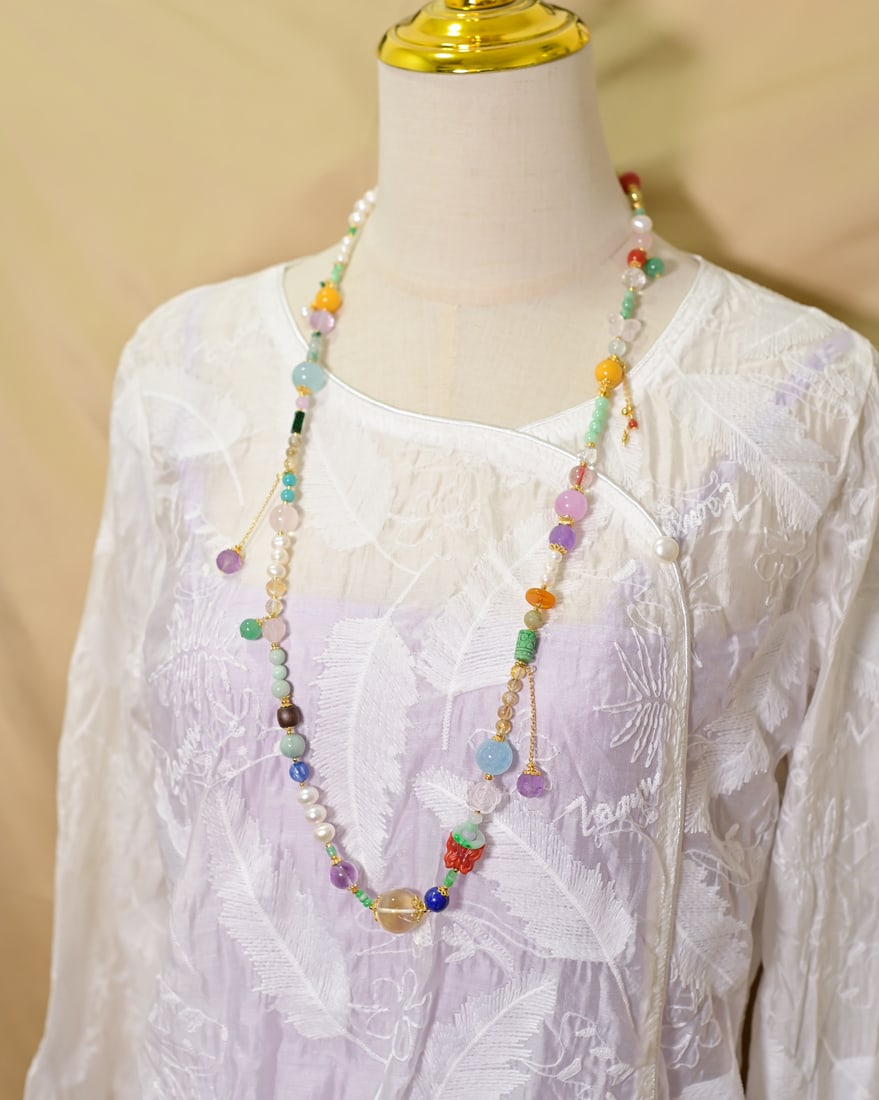 Nanhong Agate,Aquamarine,Pearl,White Crystal,Jadeite,Amethyst,Beeswax Necklace - 2