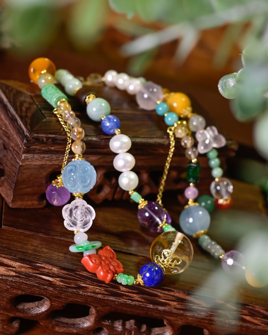 Nanhong Agate,Aquamarine,Pearl,White Crystal,Jadeite,Amethyst,Beeswax Necklace - 3